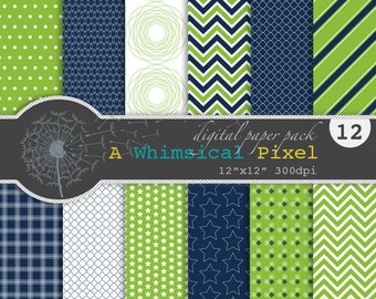 Digital Scrapbooking Paper Seamless Pattern | Classic Navy & Lime pack of 12 | Instant Download