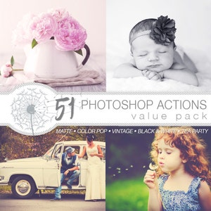 May include: A set of 51 Photoshop actions in a value pack. The actions include matte, color pop, vintage, black and white, and tea party effects. The image shows four different photos that have been edited with the actions.