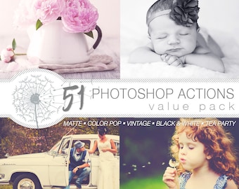 51 Photoshop Actions | Instant Download | Matte | Color Pop | Black & White | Tea Party | Vintage