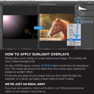May include: A screenshot of a computer screen showing a photo editing program. The program is being used to add a sunlight overlay to a photo of a horse. The overlay is being applied using the "Screen" blend mode.