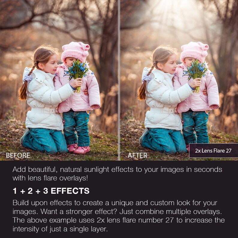 May include: Two young girls wearing pink jackets and blue jeans are kneeling in a forest setting. The girl in the front is holding a bouquet of blue flowers. The image shows the effect of a lens flare overlay on the image. The text "2x Lens Flare 27" is visible in the bottom right corner of the image.