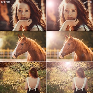 May include: A split image showing the before and after effects of a photo editing filter. The before image shows a woman with long red hair, a horse, and a woman standing in a field. The after image shows the same scenes with a warm, golden light added to the photos.