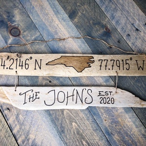 Custom Coordinate Sign State Outline, Family Established Personalized Driftwood, Longitude Latitude Sign, beach decor housewarming wedding image 6