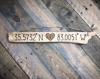 Personalized Heart Coordinates Driftwood Sign: Romance Love Her Him Fiance, Husband, Wife, Beach Engagement Wedding