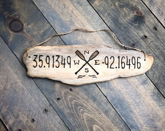 Paddle Coordinates Sign | Driftwood Kayak, Canoe, Paddle sign, outdoorsy gift, rustic river wall decor, outdoor camping, gift for him her