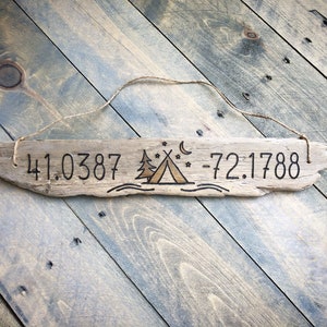 Outdoorsy Coordinates Sign | Driftwood Fishing, Hunting, Kayak canoe paddle camping rustic river cabin wall decor outdoorsy gift for him her
