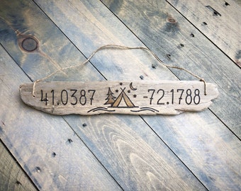 Outdoorsy Coordinates Sign | Driftwood Camping Rustic River Cabin Wall Decor, Fishing Hunting Kayak Canoe Paddle, Father's Day Gift dad him
