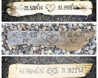 Personalized Driftwood Coordinate heart sign, Gift for her, met, engaged, married, fell in love beach Longitude Latitude Custom