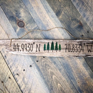 Forest, Pine Tree Wood Coordinates Sign Driftwood Reclaimed Wood, Pines Wall Art decor gift Outdoor Wedding rustic cabin cottage image 3