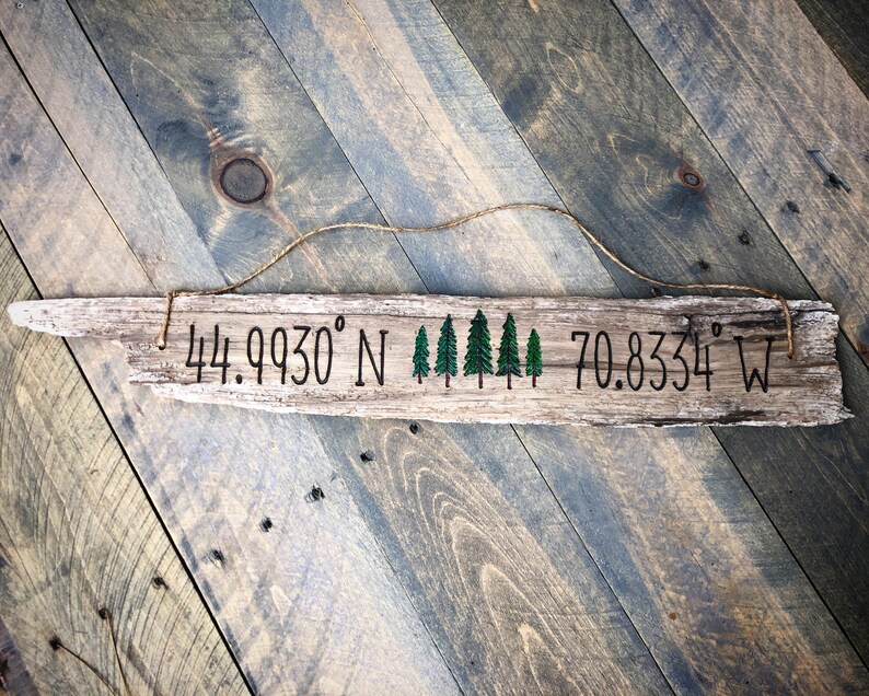 Forest, Pine Tree Wood Coordinates Sign Driftwood Reclaimed Wood, Pines Wall Art decor gift Outdoor Wedding rustic cabin cottage image 3