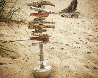 Personalized Driftwood Tree - Hand Engraved Signs Travel Wanderlust Destinations, World Travel Vacation Anniversary Beach Decor Centerpiece
