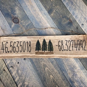 Forest, Pine Tree Wood Coordinates Sign Driftwood Reclaimed Wood, Pines Wall Art decor gift Outdoor Wedding rustic cabin cottage image 4