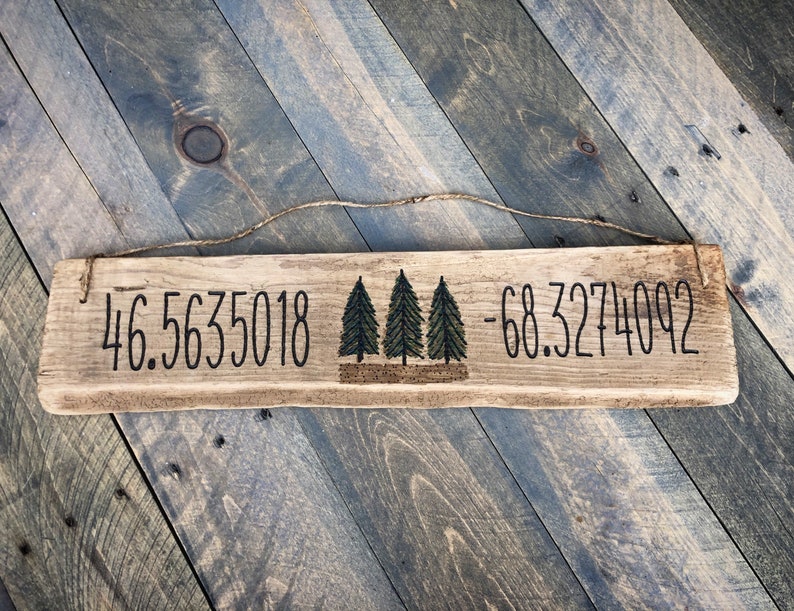 Forest, Pine Tree Wood Coordinates Sign Driftwood Reclaimed Wood, Pines Wall Art decor gift Outdoor Wedding rustic cabin cottage image 4