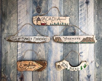 National Park Driftwood Sign Gallery Wall - Custom National Park locations, family travel gift hike camp wilderness outdoor wanderlust