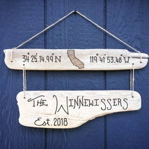 Custom Coordinate Sign State Outline, Family Established Personalized Driftwood, Longitude Latitude Sign, beach decor housewarming wedding image 7