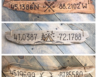 Outdoorsy Coordinates Sign | Driftwood Fishing, Hunting, Kayak canoe paddle camping, rustic river cabin wall decor, gift for him her