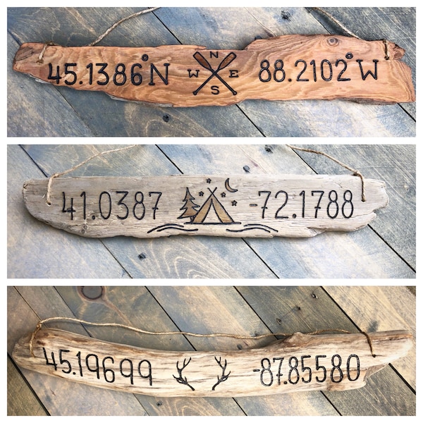 Outdoorsy Coordinates Sign | Driftwood Fishing, Hunting, Kayak canoe paddle camping, rustic river cabin wall decor, gift for him her