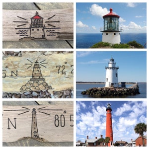 May include: A collage of four images featuring lighthouses. The top left image shows a drawing of a lighthouse on a piece of driftwood. The top right image shows a white lighthouse with a red roof against a blue sky. The bottom left image shows a drawing of a lighthouse on a piece of driftwood with the text "72&deg; 2' 5" N". The bottom right image shows a red lighthouse against a blue sky.