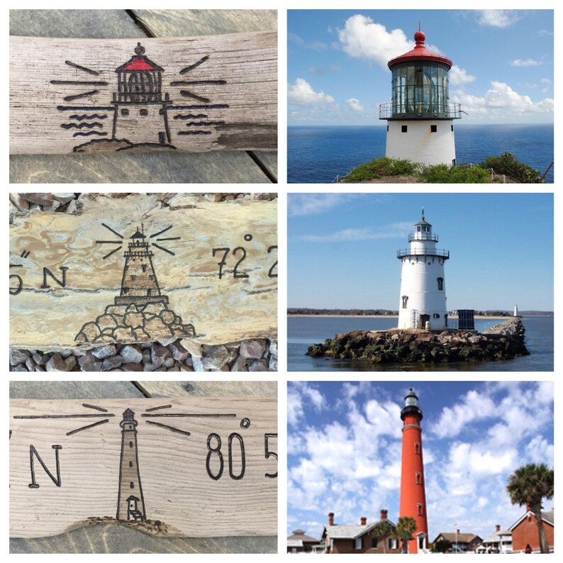 May include: A collage of four images featuring lighthouses. The top left image shows a drawing of a lighthouse on a piece of driftwood. The top right image shows a white lighthouse with a red roof against a blue sky. The bottom left image shows a drawing of a lighthouse on a piece of driftwood with the text "72&deg; 2' 5" N". The bottom right image shows a red lighthouse against a blue sky.