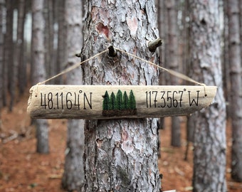 Custom Pine Trees Coordinates Sign, Reclaimed Wood Driftwood Cabin Decor, Personalized Rustic Father's Day Dad Gift Latitude Longitude