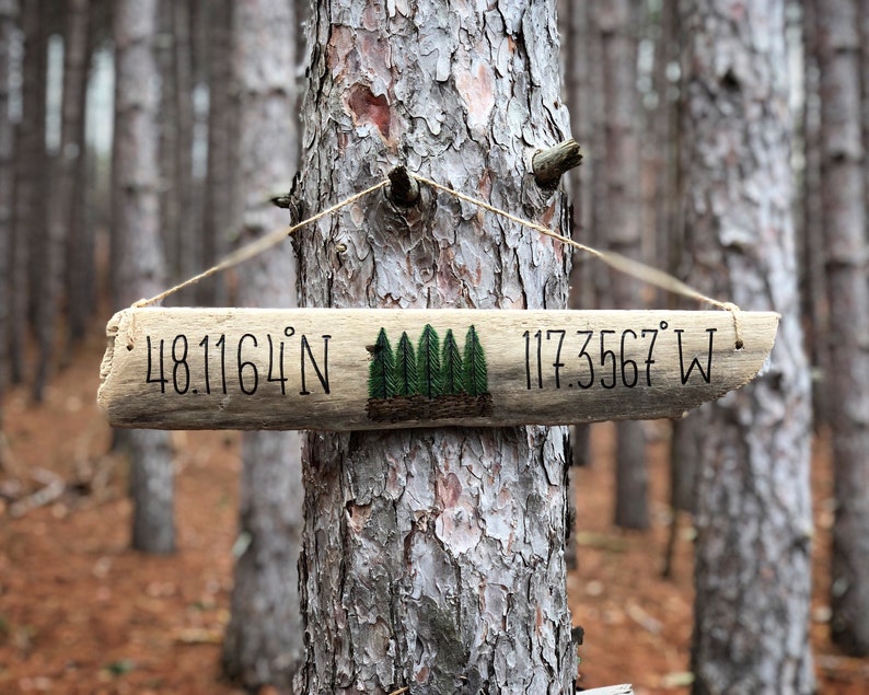 Forest, Pine Tree Wood Coordinates Sign Driftwood Reclaimed Wood, Pines Wall Art decor gift Outdoor Wedding rustic cabin cottage image 1