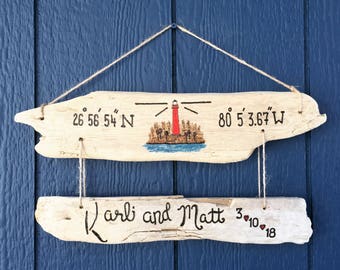 Two Tier Lighthouse | Driftwood Coordinates Sign | Mothers Day Gift Wood beach Lighthouse Nautical decor Coastal Lighthouse Wall Ocean Art