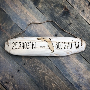 Florida Driftwood Sign | personalized, Florida state outline coordinate, beach wedding coastal home decor housewarming retirement snowbird