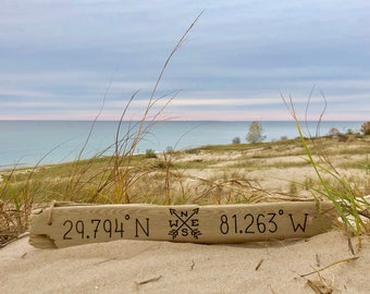 Personalized Driftwood Coordinate Sign: Hostess Party Gift, Thank You Holiday Host, Housewarming Lake Beach House Decor