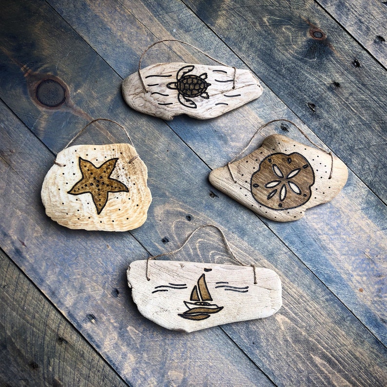 Personalized Driftwood Beach Christmas Ornaments Hand engraved custom, rustic wood Christmas ornament, beach house Christmas decor starfish image 1