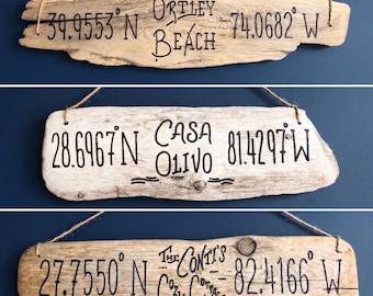 Personalized Driftwood Coordinate Sign, Custom Housewarming gift, Longitude Latitude new home wedding gift, coastal lake beach house decor