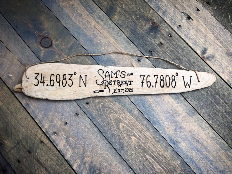 Personalized Driftwood Sign Custom Text & Coordinates Longitude Latitude Housewarming new home wedding coastal beach decor Mother's Day Gift image 7