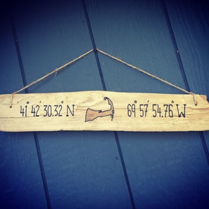 Cape Cod Driftwood Sign | Nantucket Martha&#39;s Vineyard, Massachusetts, Custom Cape Coordinates, East Coast Home Decor Vacation summer cottage