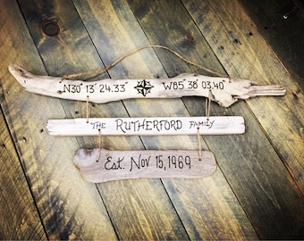 Beach decor three tier hanging driftwood sign - Family Gift mom dad gift, birthday gift, custom coordinates, family name, est date