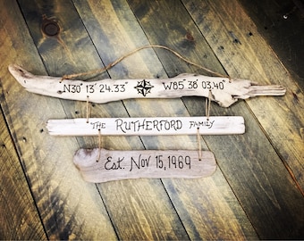 Three Tier Hanging Driftwood Sign - Beach Decor Father's Day Gift, Family Housewarming New Home Gift, Family Established Date Coordinates