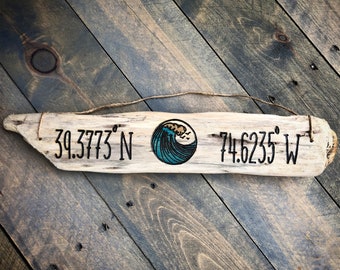 Ocean Wave Coastal Driftwood Sign | Personalized Birthday Gift, Surfer Beach Sea Turtle Starfish, Nautical Latitude Longitude Coordinates