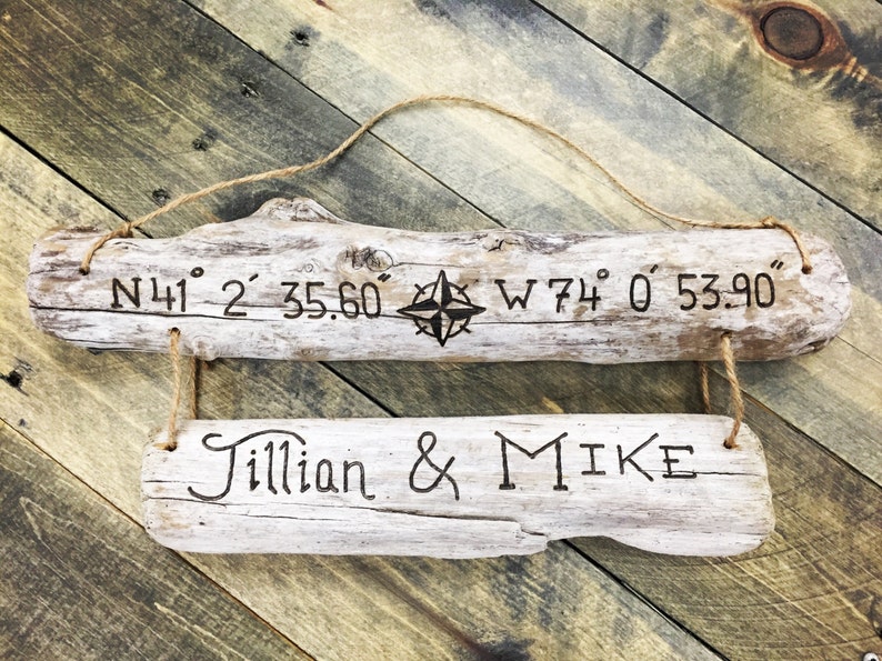 Two Tier Longitude Latitude Sign Custom GPS coordinates wood beach Housewarming gift family est date couple wedding engagement mothers day image 4