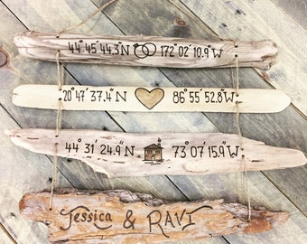 Custom GPS Coordinates "Our Story" Driftwood Collage - Gift for Couple Husband Wife Love Story New Home First Housewarming Anniversary Gift