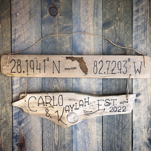 Custom Coordinate Sign State Outline, Family Established Personalized Driftwood, Longitude Latitude Sign, beach decor housewarming wedding image 1