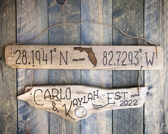 Two Tier Custom Driftwood Coordinate Sign: Personalized State and Coordinates, Family Name Established Date Sign, Father's Day gift dad