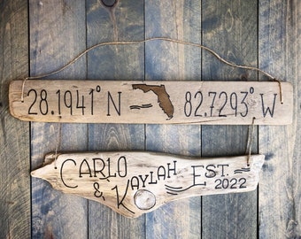 Custom Coordinate Sign State Outline, Family Established Personalized Driftwood, Longitude Latitude Sign, beach decor housewarming wedding