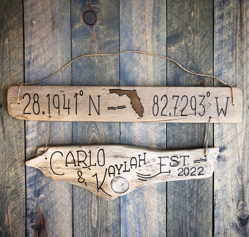 Custom Coordinate Sign State Outline, Family Established Personalized Driftwood, Longitude Latitude Sign, beach decor housewarming wedding image 1