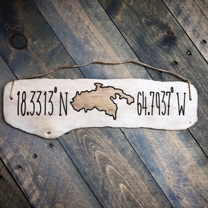 USVI Custom Driftwood Sign | St John St Thomas US Virgin Islands Coordinates, coastal island personalized island home gift st john st thomas