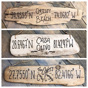 Personalized Driftwood Sign Custom Text Coordinates Longitude Latitude Housewarming anniversary gift new home wedding coastal beach decor