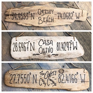 Personalized Driftwood Sign Custom Text & Coordinates Longitude Latitude Housewarming new home wedding coastal beach decor Mother's Day Gift image 1