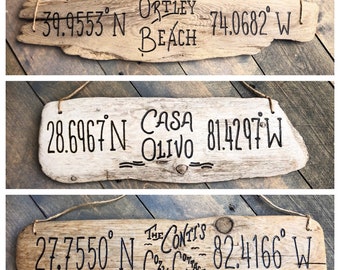 Personalized Driftwood Sign Custom Text Coordinates Longitude Latitude Housewarming anniversary gift new home wedding coastal beach decor