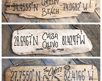 Personalized Driftwood Sign Custom Text & Coordinates Longitude Latitude Housewarming new home wedding coastal beach decor Mother's Day Gift