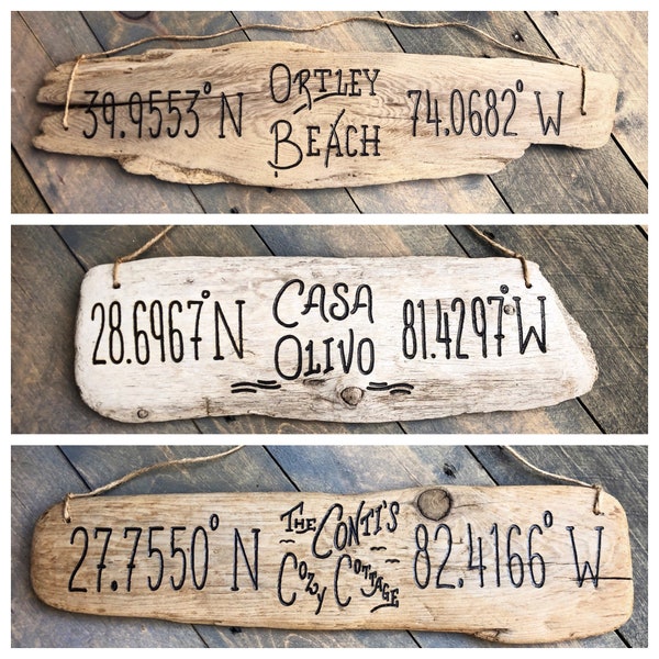 Personalized Driftwood Coordinate Sign, Custom Mother's Day gift Housewarming gift, Longitude Latitude new home wedding coast beach decor