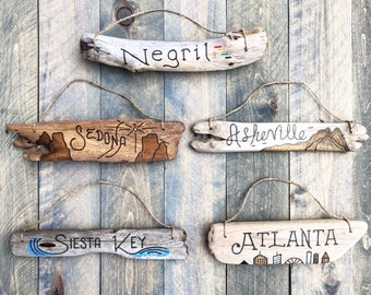 Driftwood Sign Gallery Wall - Custom Driftwood Signs, Mother’s Day gift wanderlust travel destinations Husband Wife birthday Anniversary