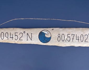 Ocean Wave Coastal Driftwood Sign | Personalized Birthday Gift, Surfer Beach Sea Turtle Starfish, Nautical Latitude Longitude Coordinates