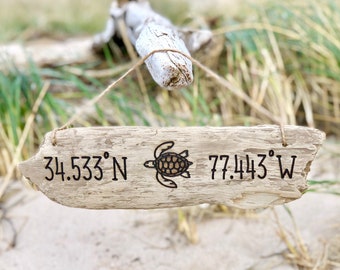 Seashore coastal driftwood sign | sea turtle starfish seashell ocean lake beachy latitude longitude coordinates coastal home gift nautical